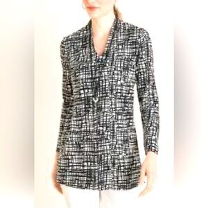 CHICO’S Sz 2 V-Neck Criss-Cross Print 100% Pima  Cotton Made in India Tunic Top